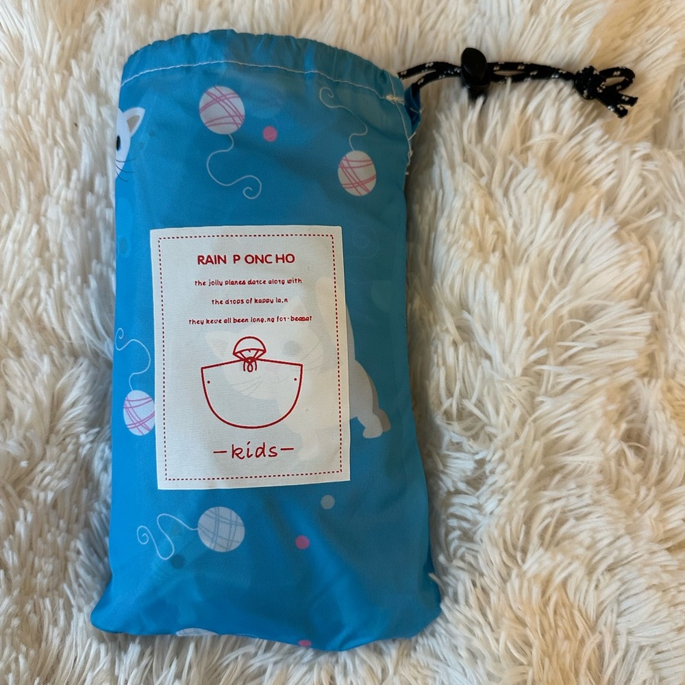 Blue Cat Kitten Print Hooded Rain Poncho Girls Kids One Size New Storage Bag